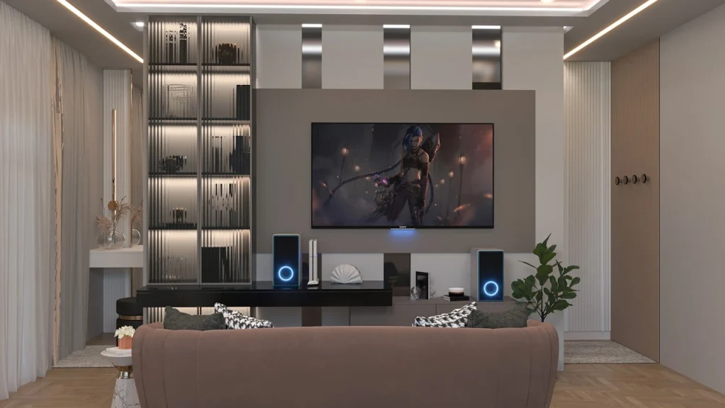 Home theater room with cove lighting and integrated speakers