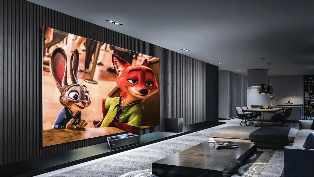 Modern entertainment room media wall with large screen