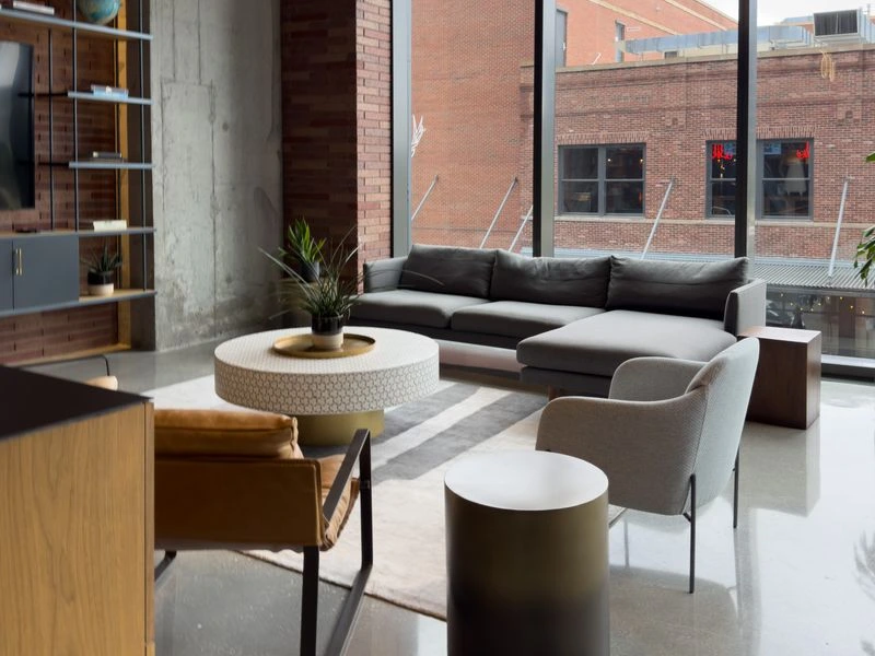 Contemporary lounge with custom fitted window shades