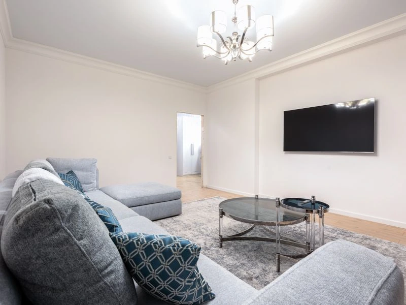 Home theater room with integrated speakers and AV equipment - Fairfax Station