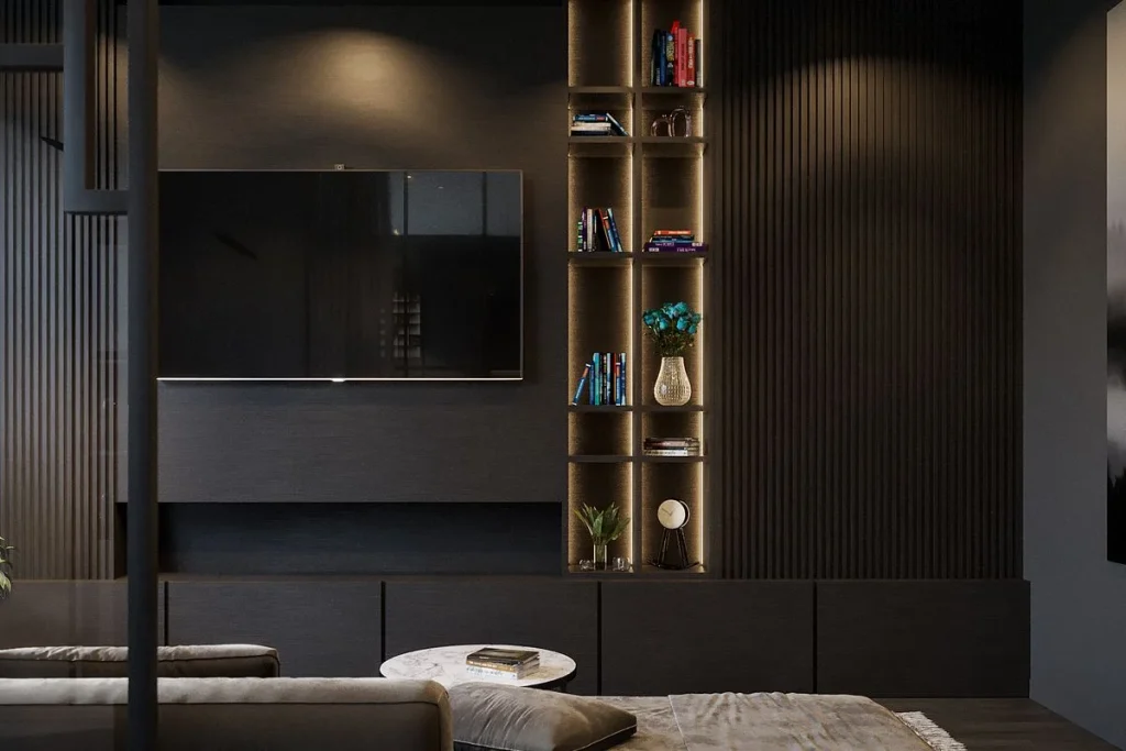 Modern media wall with concealed automation in a luxury residential lounge